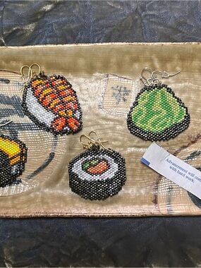Handmade Beaded Sushi Earrings in Green, Orange, Black